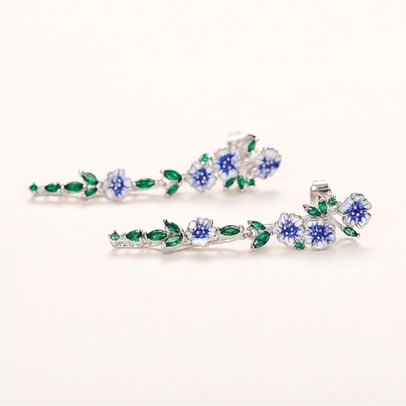 NIB 925 Plated Enamel Flower Inlay Drop Earrings with Crystal Accents - Picture 5 of 16